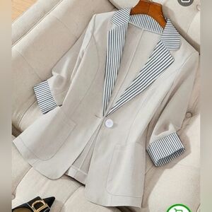 Beige Blazer NWOT With Striped Collar And Cuff Detail